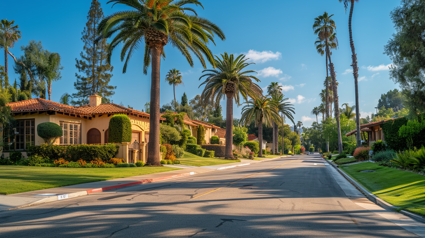 Quiet residential street with palm trees and Spanish style homes in the Rancho Park neighborhood of West Los Angeles