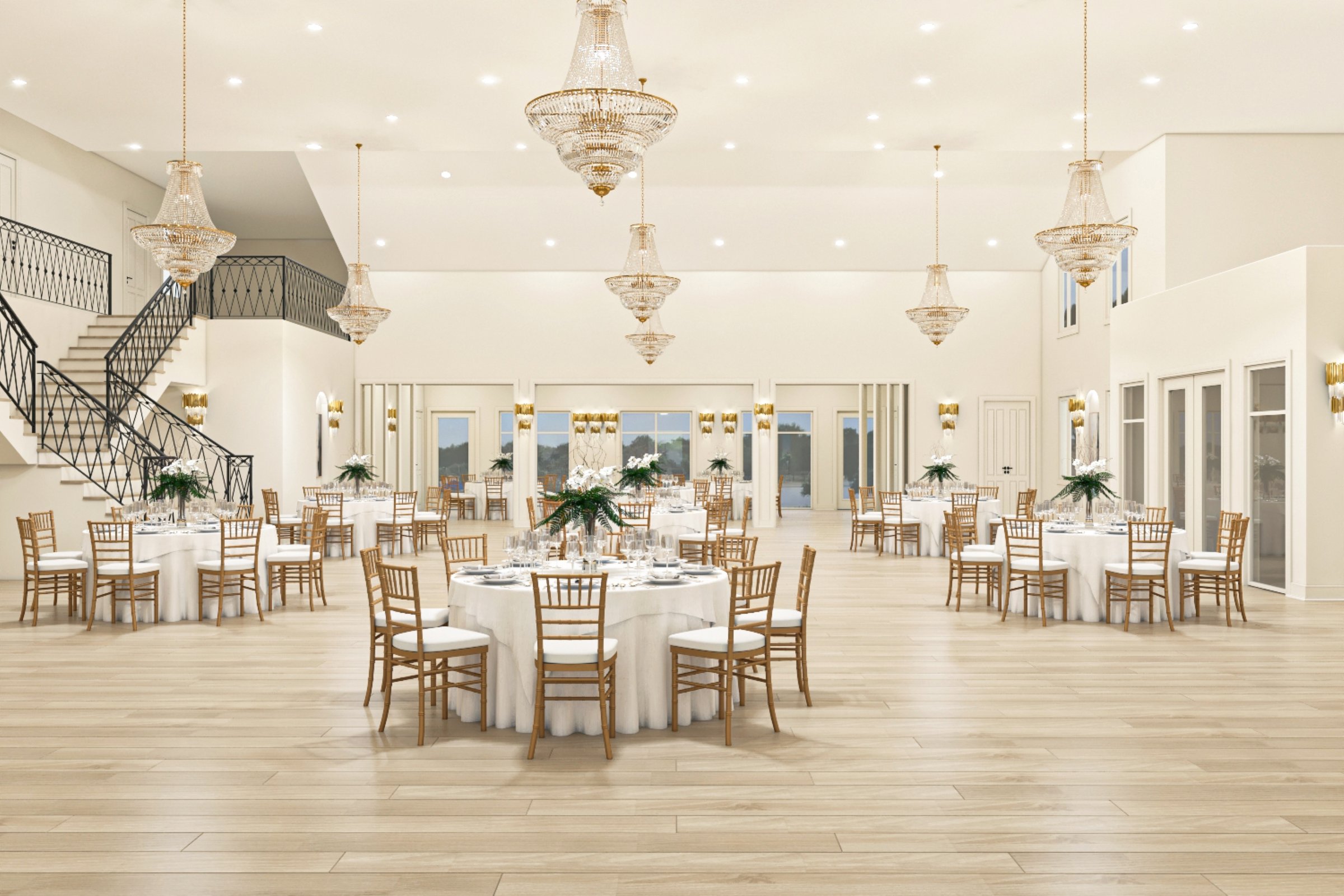 A luxurious ballroom showcasing round tables set for dining, elegant chandeliers, and spacious lighting. The setting conveys sophistication and is perfect for weddings, banquets, or formal events.