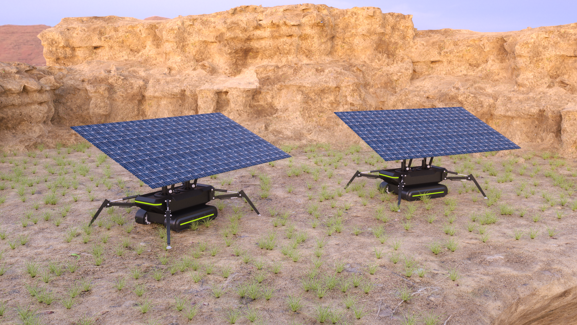 Two portable solar panels on stands in a desert landscape with rock formations and sparse vegetation.