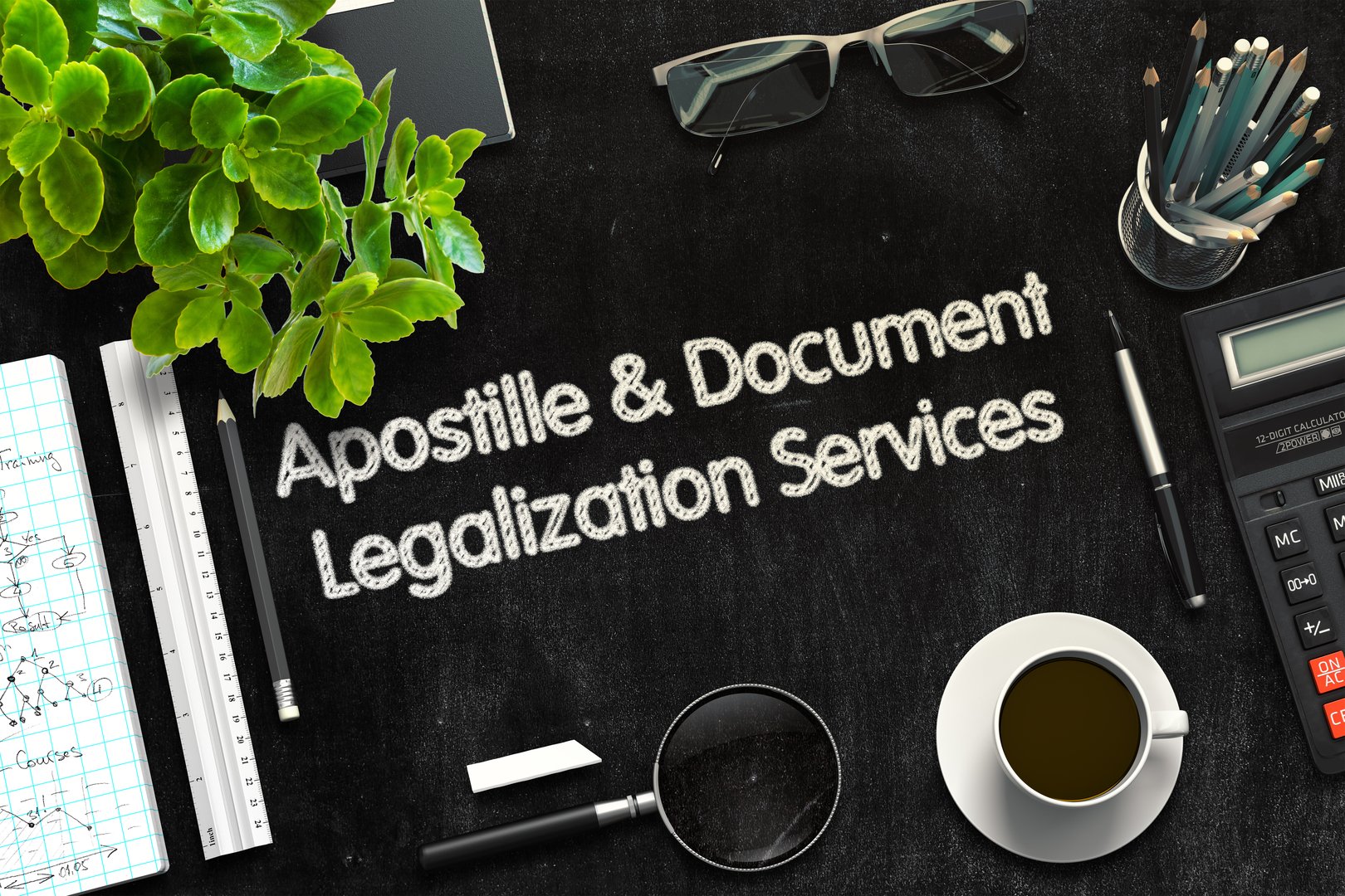 Apostille and Document Legalization Services Concept on Black Chalkboard. 3d Rendering. Toned Illustration.