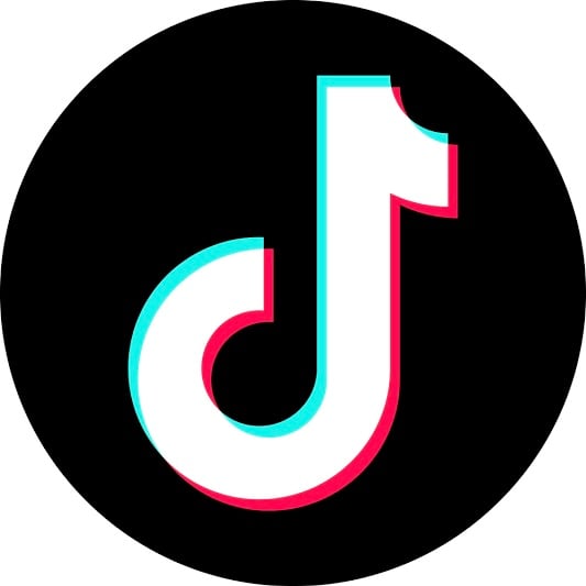 TikTok logo with a white musical note outlined in bright blue and red on a black circular background.
