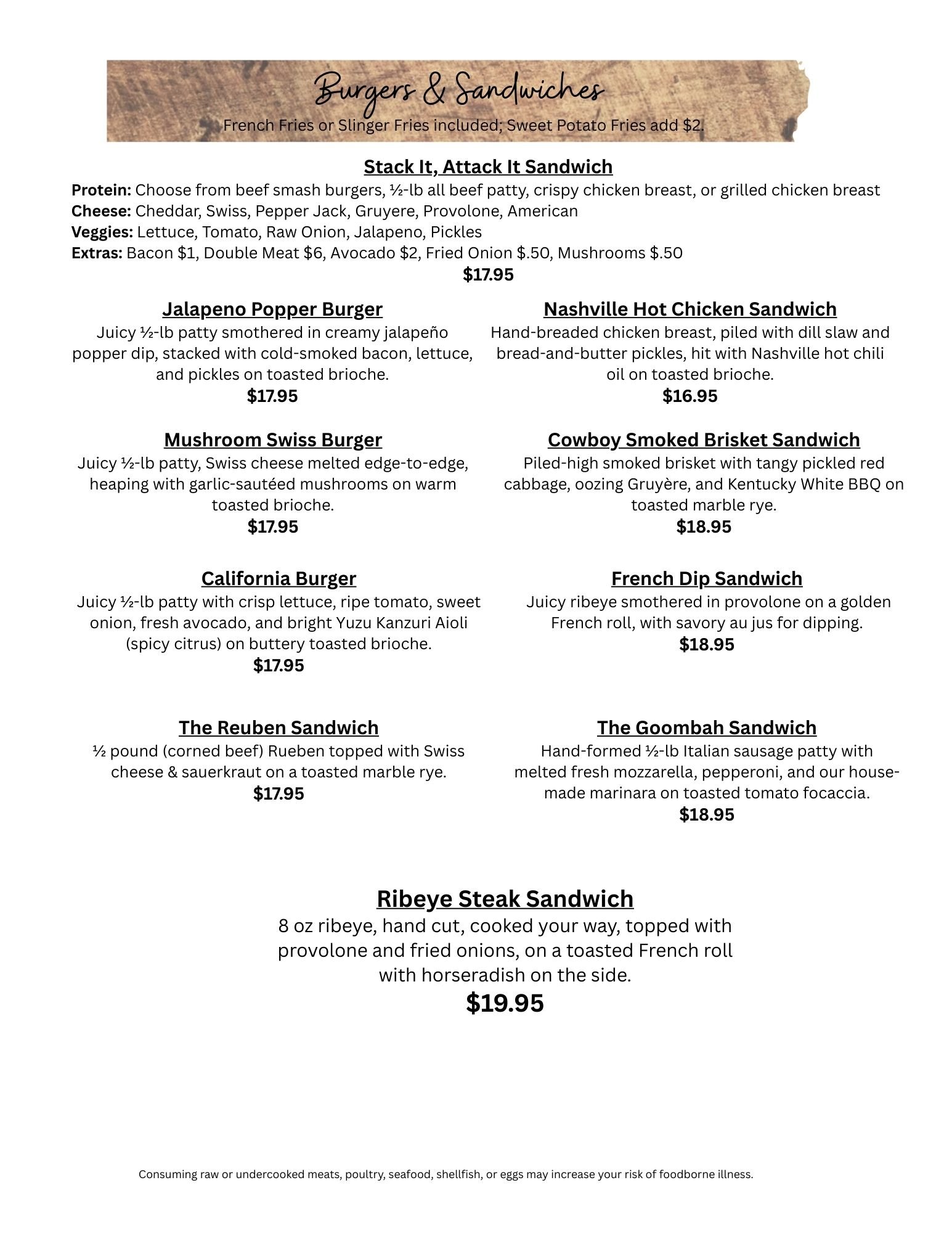 Burgers and Sandwiches Menu