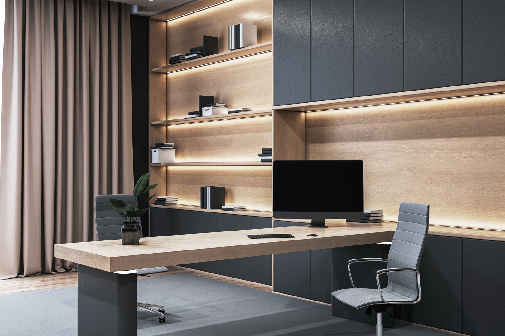 Modern executive office interior with wooden desk, computer, sleek chair, decorative shelves, and muted lighting in contemporary design. 3D Rendering.