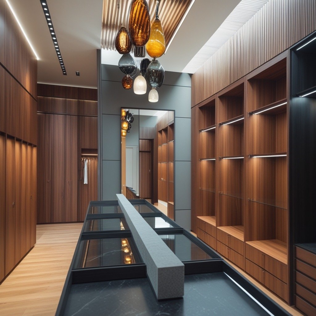 Modern walk-in closet with wooden shelves, hanging lights, and glass display cabinets, featuring a sleek, contemporary design.