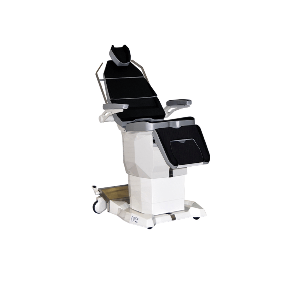 A modern medical examination chair with a black cushioned seat and adjustable headrest, armrests, and wheeled base.