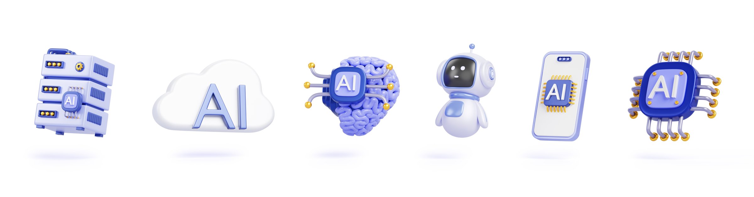 Artificial intelligence 3d render icon set. Chatbot robot, ai chip, brain, data server, cloud and mobile phone. Innovation technology, science and business, isolated design elements. 3D illustration