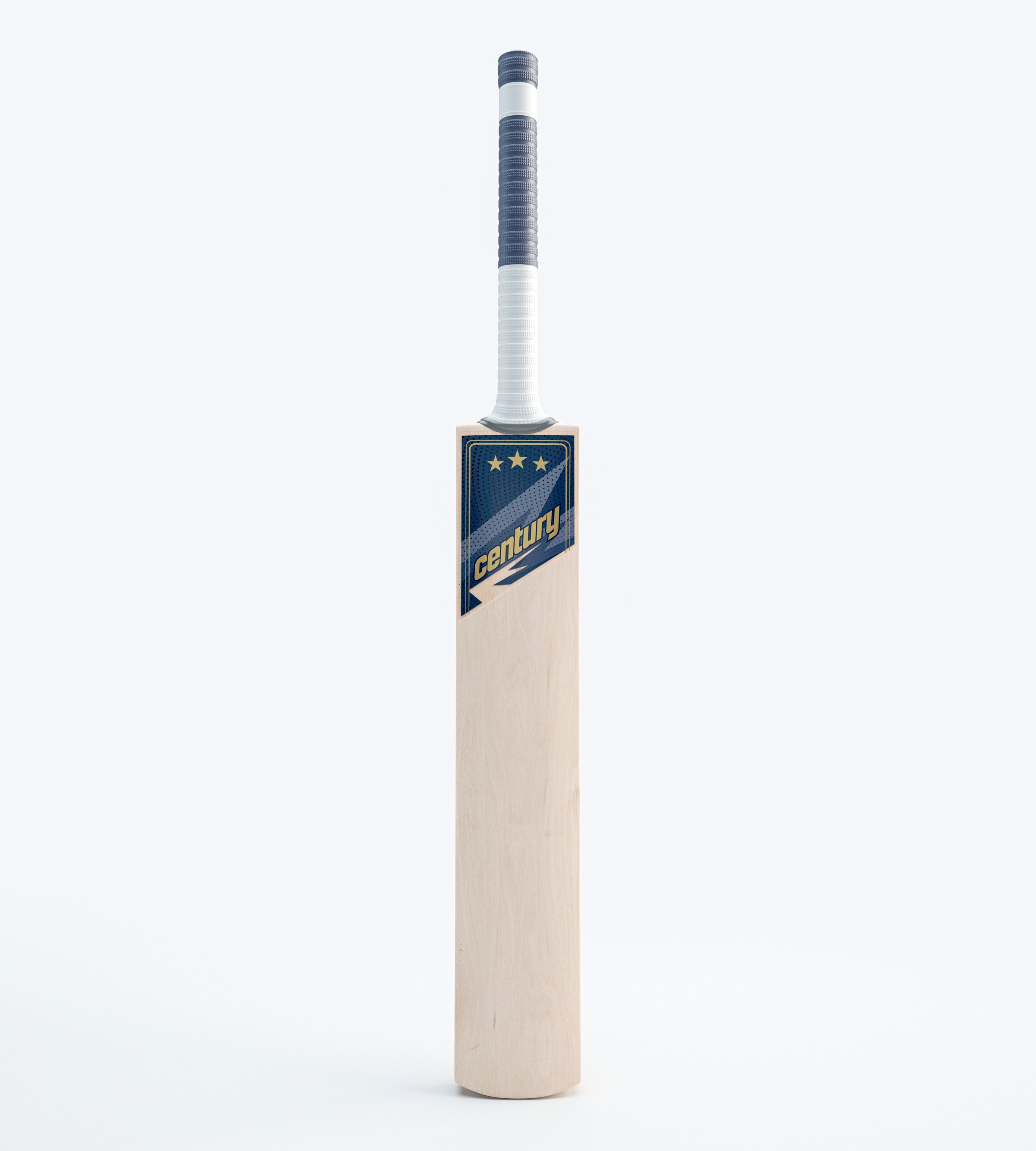 A modern wooden cricket bat with generic brand decals on an isolated white background - 3D render