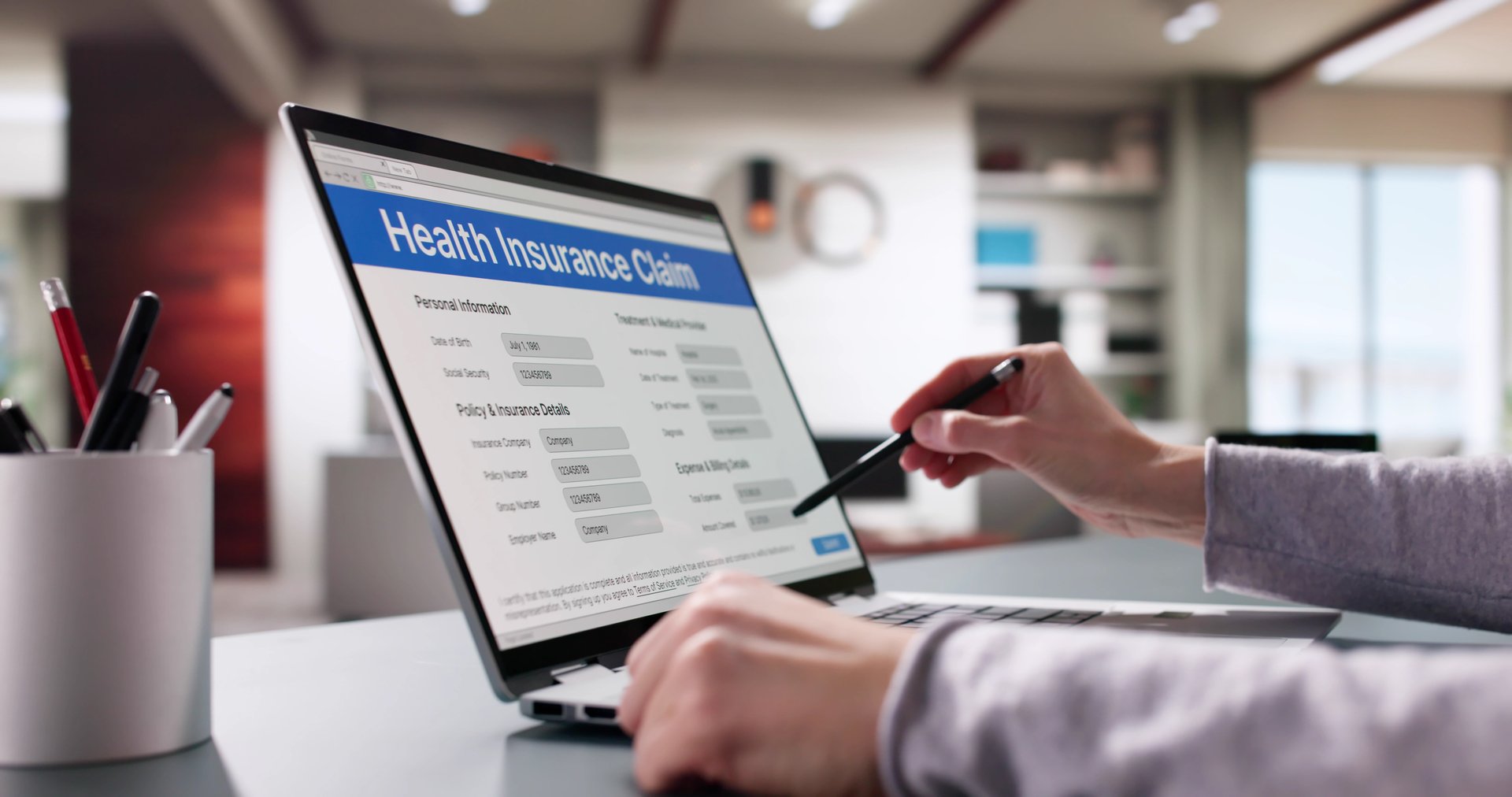 Woman filing medical insurance claim form online