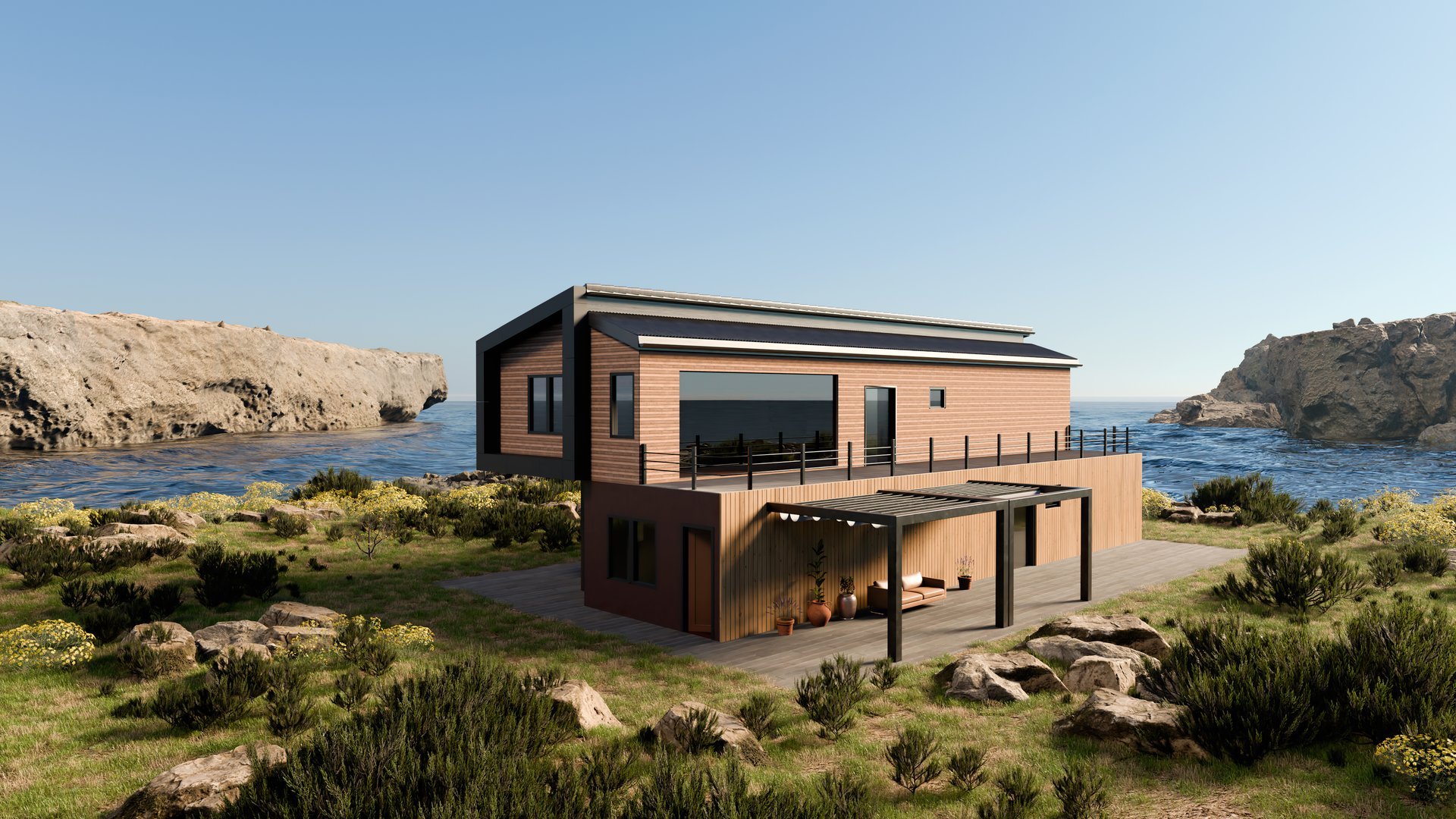 3D side view illustration of a Modern Scandinavian house next to the coast. Design house patio and pergola. Surrounded by lush vegetation and rocky cliffs.