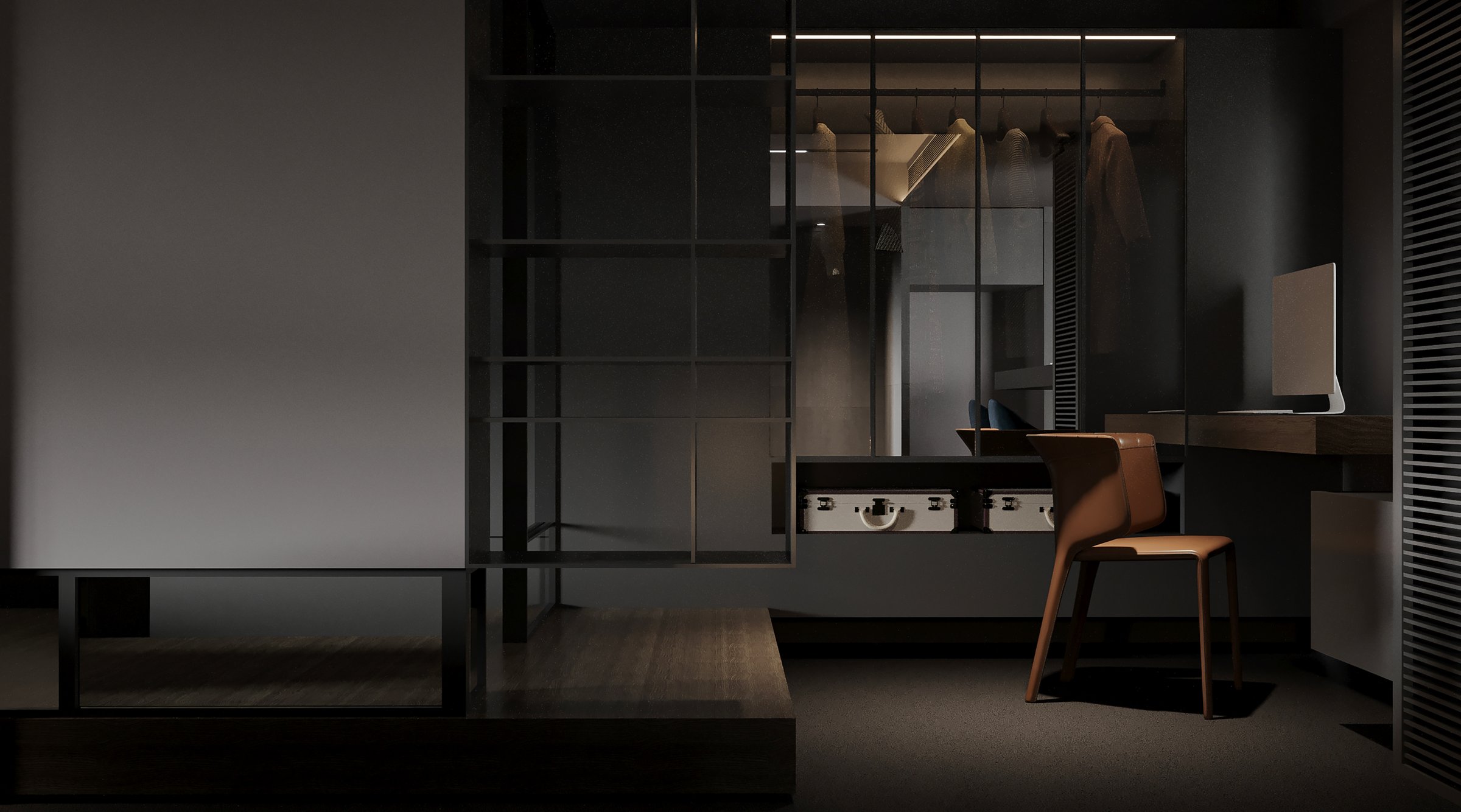 Modern Minimalist Dark Bedroom with Glass Wardrobe and Workspace