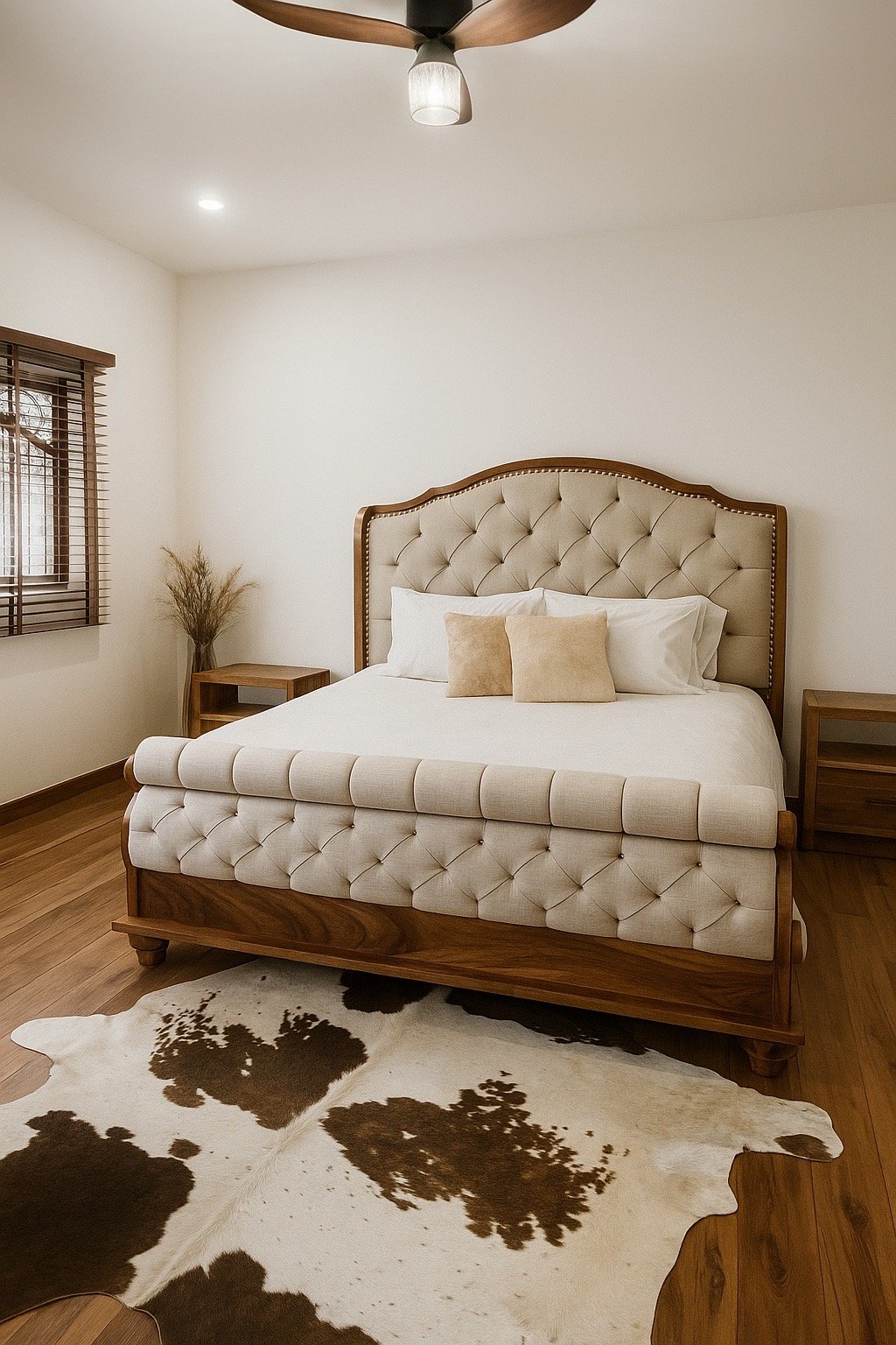 Cama de diseño clásico-elegante con estructura de parota y tapizado capitoné marfil