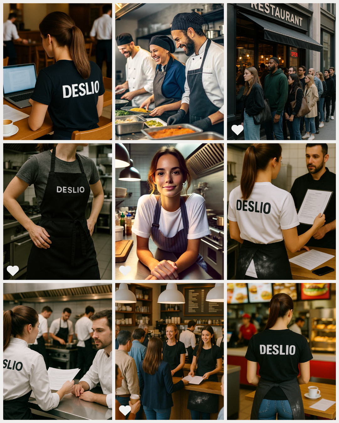 Collage of restaurant staff and customers, featuring employees wearing "DESLIO" shirts, chefs cooking, and a busy entrance.