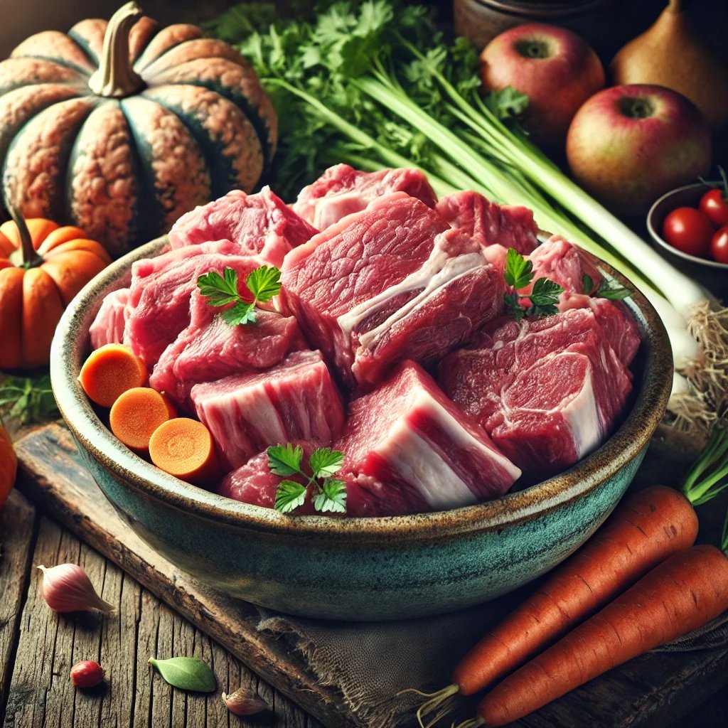 A bowl of raw meat chunks garnished with parsley, surrounded by vegetables like carrots, pumpkins, and green onions on a wooden table.