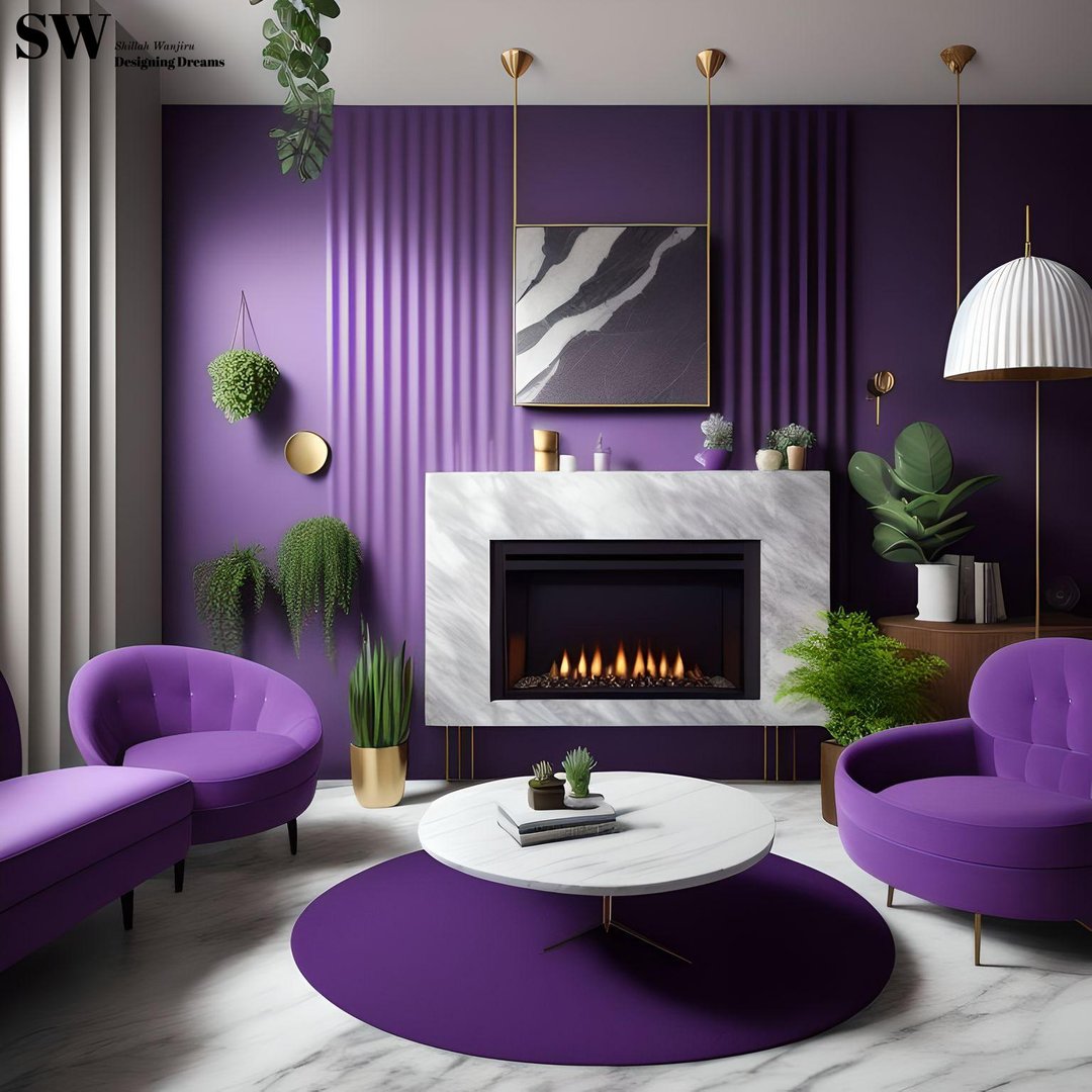 Modern living room with purple walls, rounded chairs, marble fireplace, hanging plants, and geometric artwork.