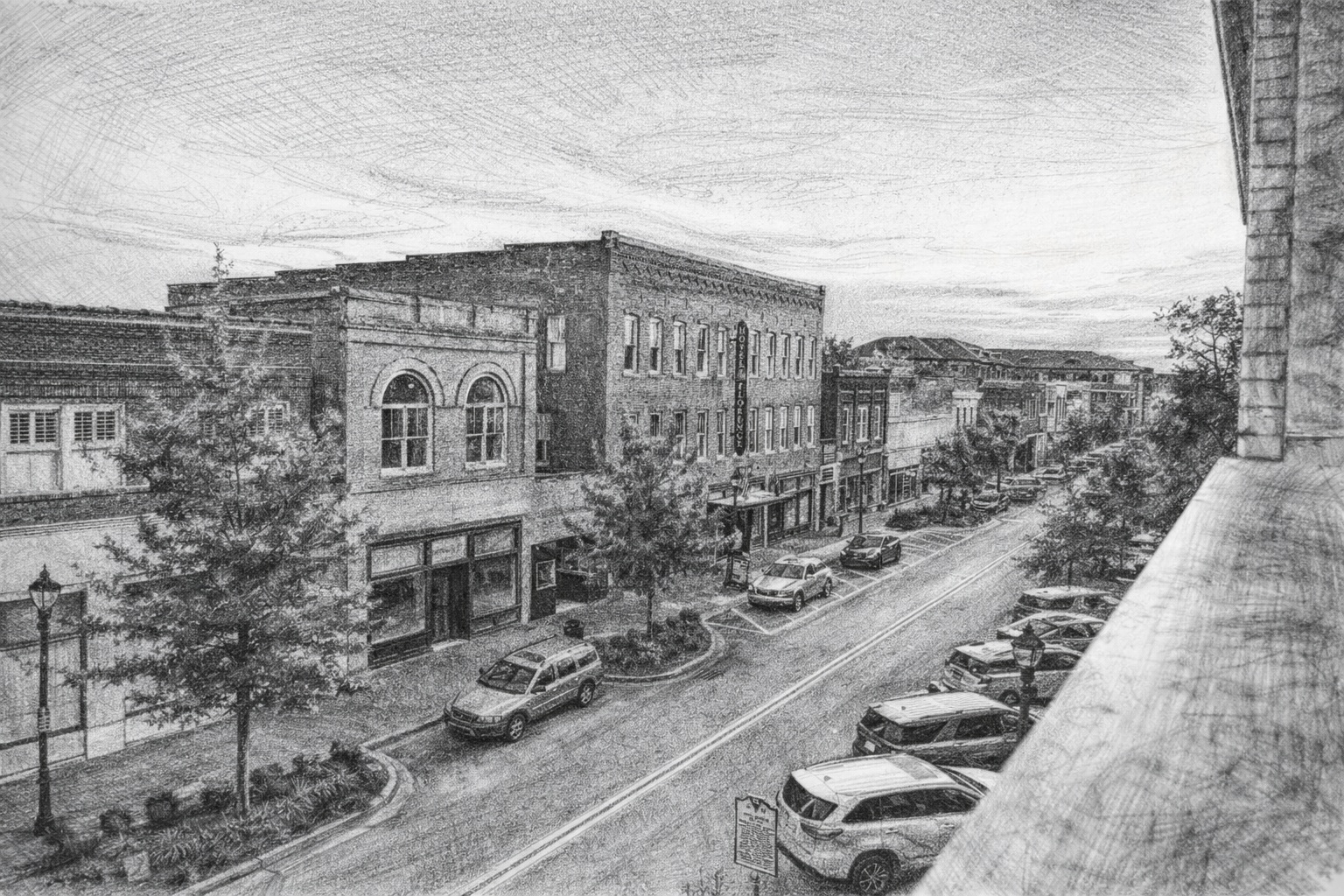 Pencil sketch of Florence, South Carolina cityscape