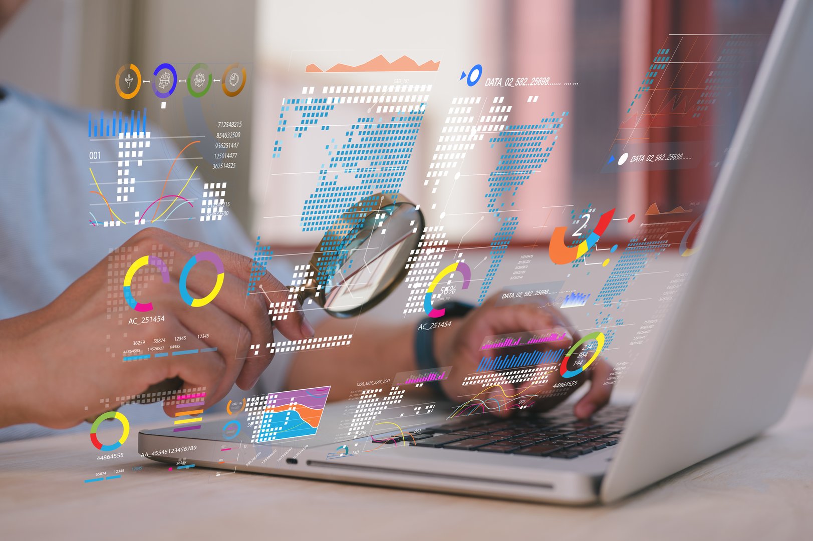 businessman holding magnifying glass looking at virtual data chart dashboard in concept of investment data analysis and DMS document audit financial Tax Fraud audit Using Magnifying Glass