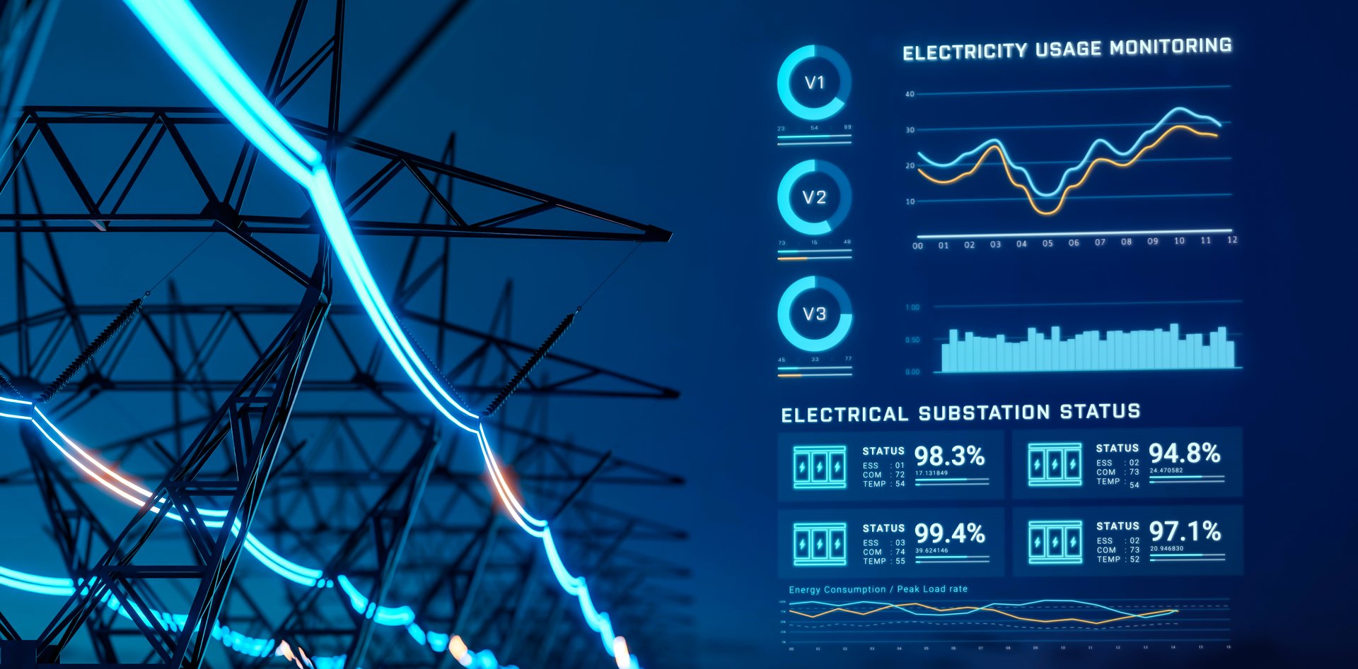 Electric transmission tower with glowing electricity flowing, electrical power transmit from high voltage substation infrastructure to city, energy usage monitoring dashboard interface