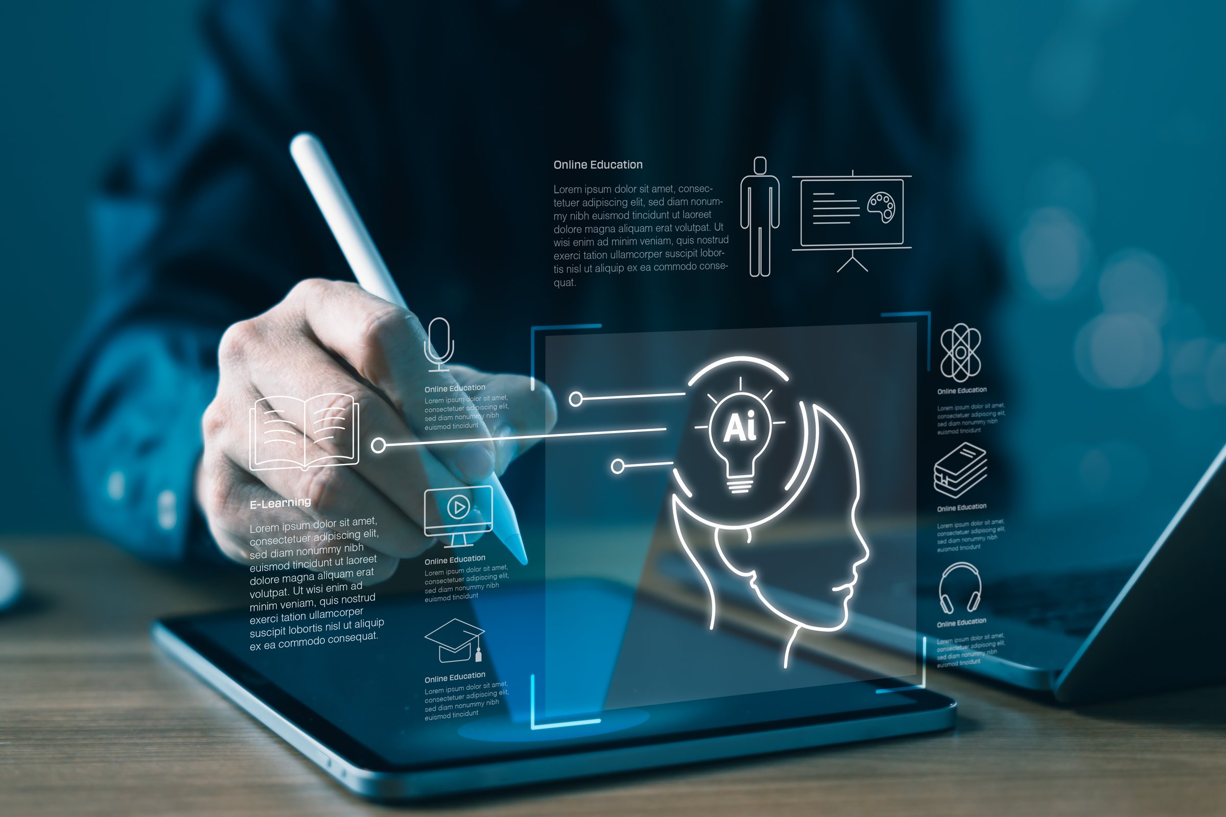 AI-based online education interface with digital learning icons, a stylus pen, and a human head with AI lightbulb. Ideal for illustrating e-learning, EdTech, and smart education systems