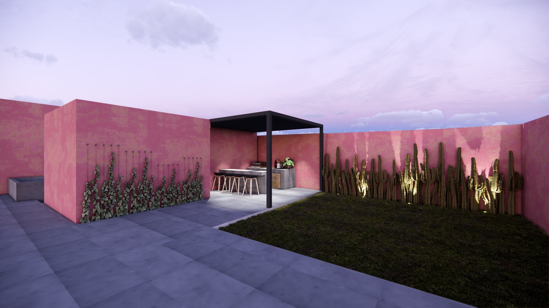 Modern outdoor space with pink walls, cacti, pergola, and seating area on a patio at dusk.
