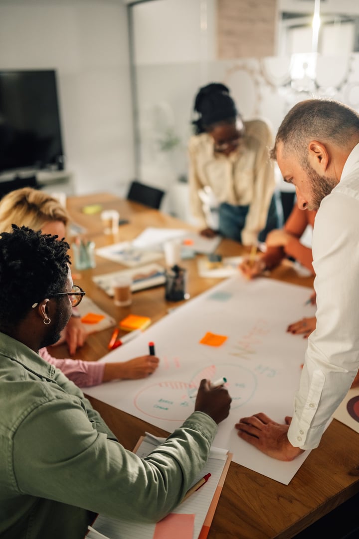 Businesspeople developing new project strategy during brainstorming session, drawing mind map and discussing ideas in modern office