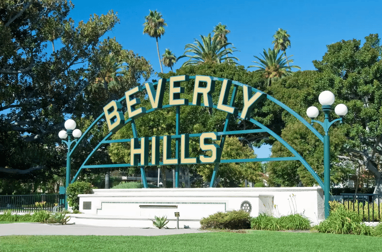 Iconic Beverly Hills sign in Beverly Gardens Park in Beverly Hills Los Angeles