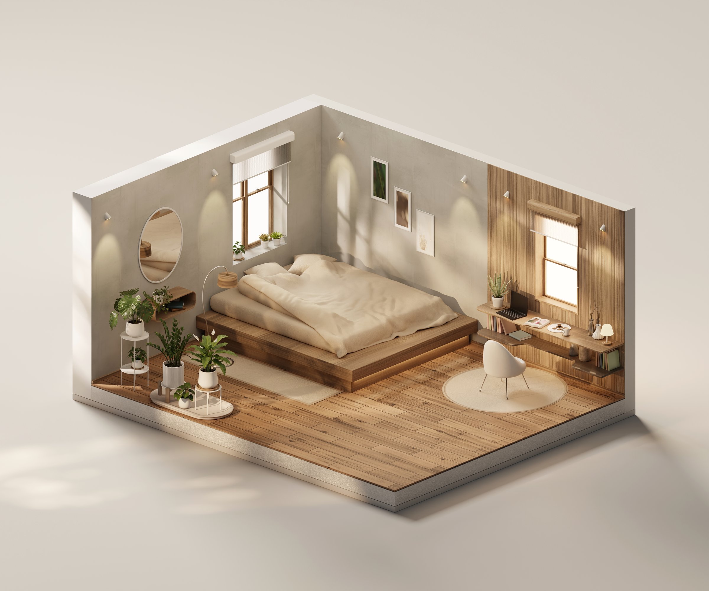 Isometric view bed room open inside interior architecture 3d rendering digital art