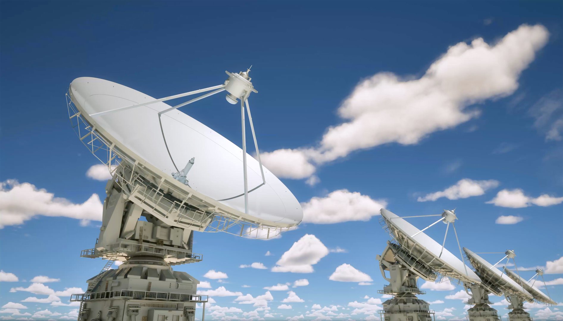 3d rendering group of satellite dishes for digital telecommunication with cloudy blue sky background