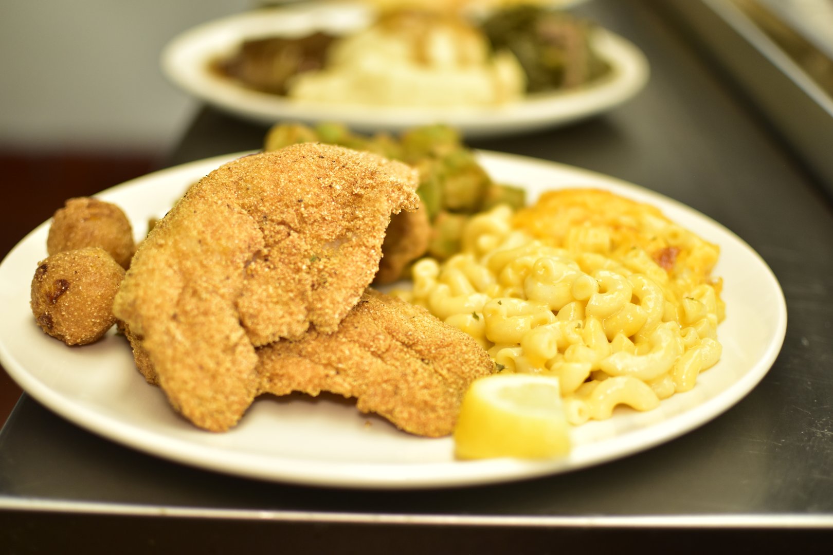 Fried catfish with mac and cheese and fried okra