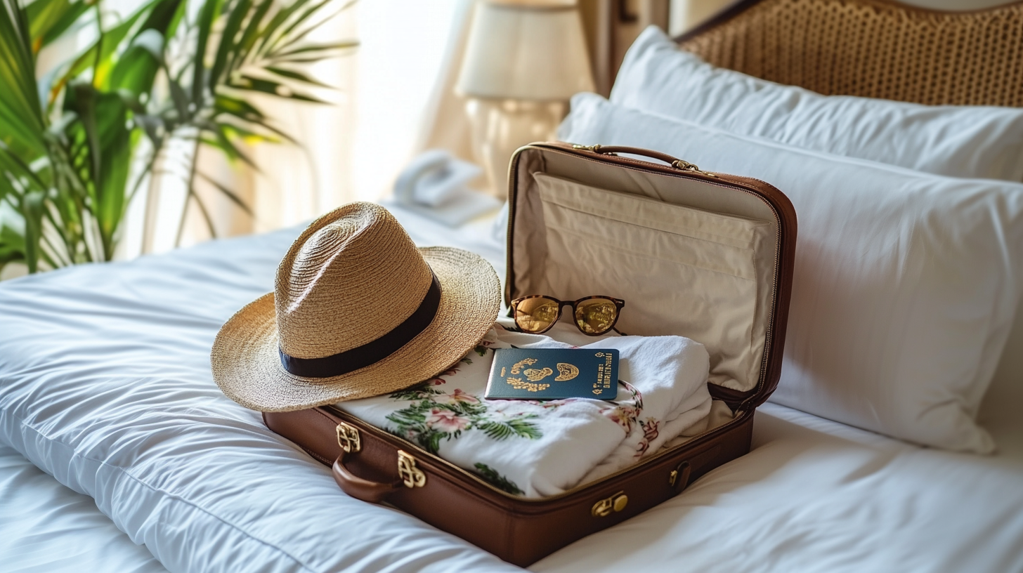 Open suitcase on bed with a straw hat, floral shirt, passport, and sunglasses, suggesting travel preparation.