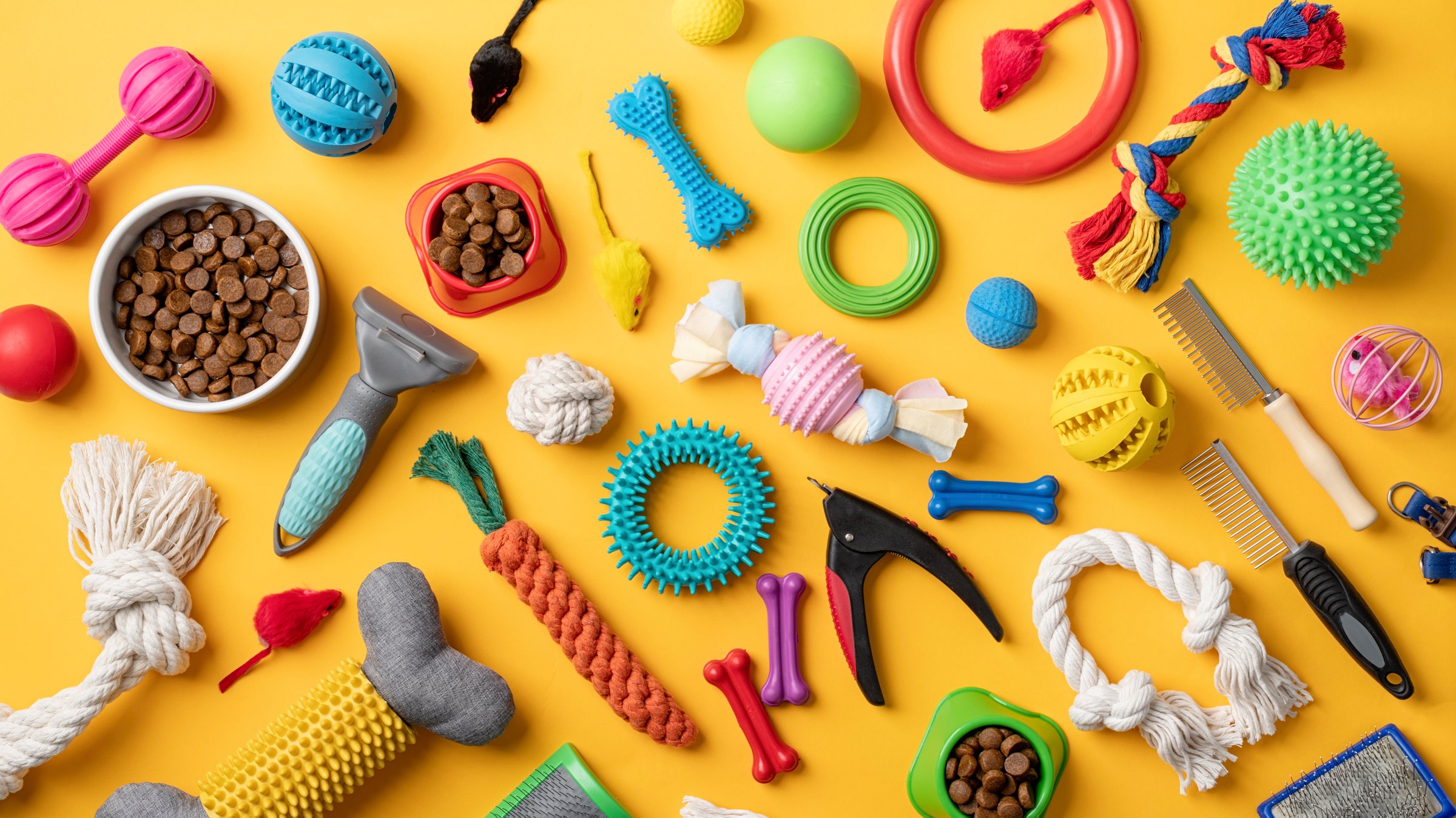 Pet care concept, various pet accessories and tools, toys, balls, brushes on yellow background, flat lay pattern