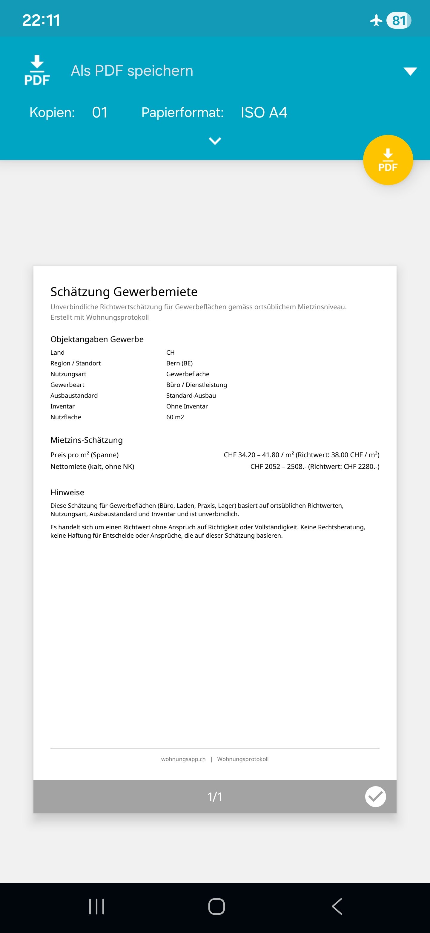 Wohnungsprotokoll App Screenshot - PDF-Export Mietzins