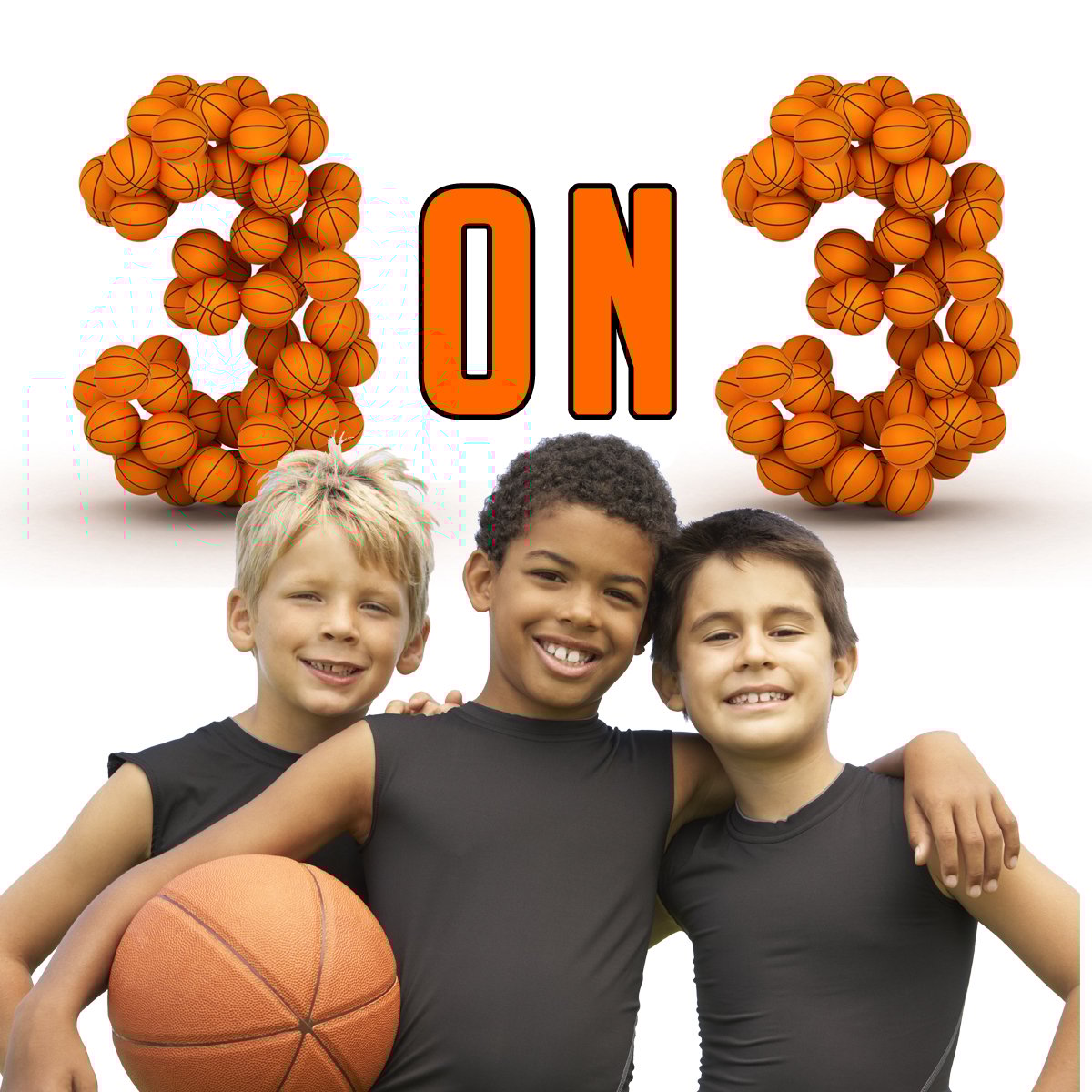 Three boys in black sportswear with a basketball, under large 3 on 3 text made of basketballs, smiling and posing together.