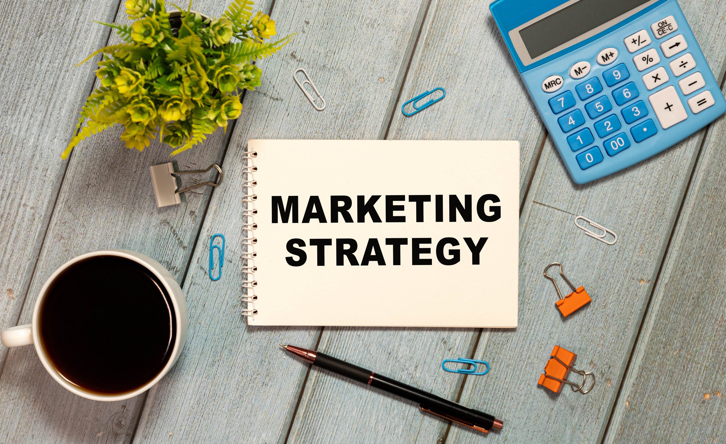 Planning marketing strategy. Top view close-up image of man holding hands on his notebook with colorful sketches while sitting at the wooden desk