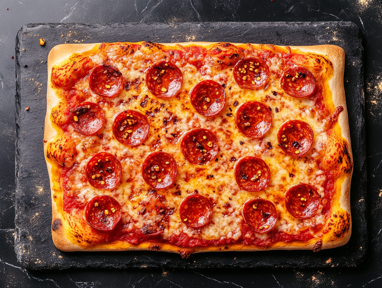 Rectangular pepperoni pizza with melted cheese, arranged on a dark stone surface, sprinkled with chili flakes.