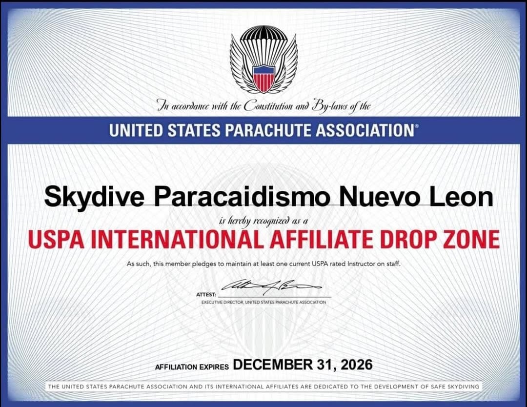 Certificado USPA International Affiliate Drop Zone - Skydive Paracaidismo Nuevo León