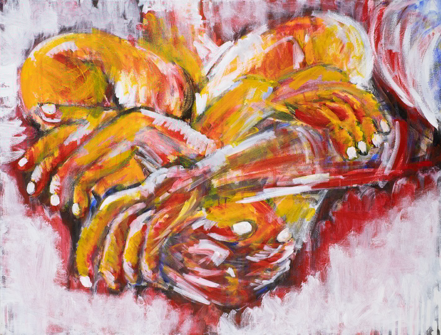 Abstract painting of interlocked hands in vibrant reds, yellows, and whites, emphasizing connection and emotion.