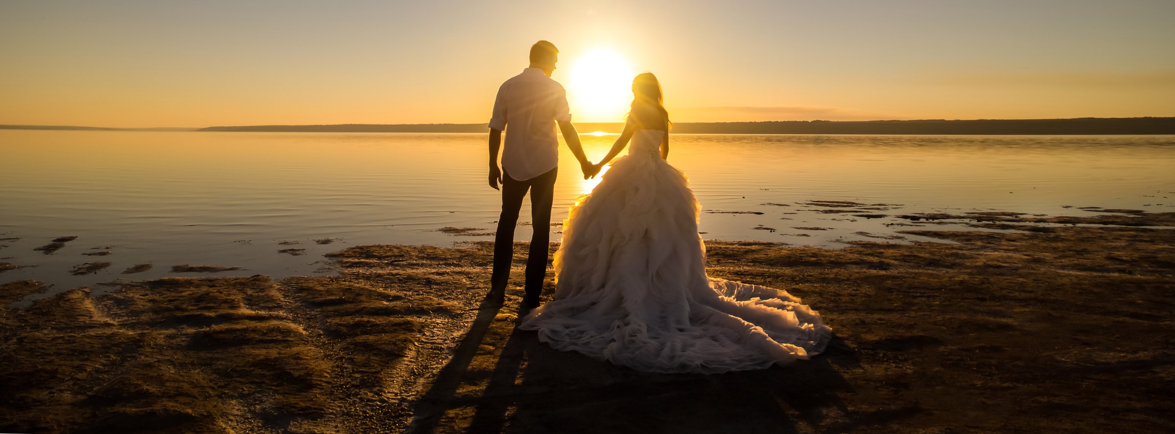 Wedding couple on the sea beach watching sunset. Sunny summer photo. Bride with hair down in off shoulder dress with train. Ocean romantic ceremony. Seaside sunrise love story. Honeymoon.