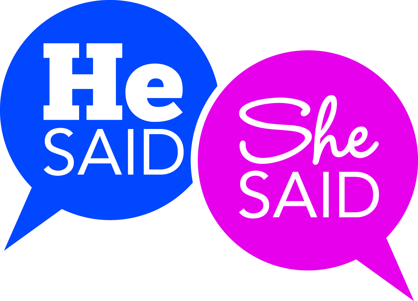 Two speech bubbles: one blue with He Said and one pink with She Said written inside.