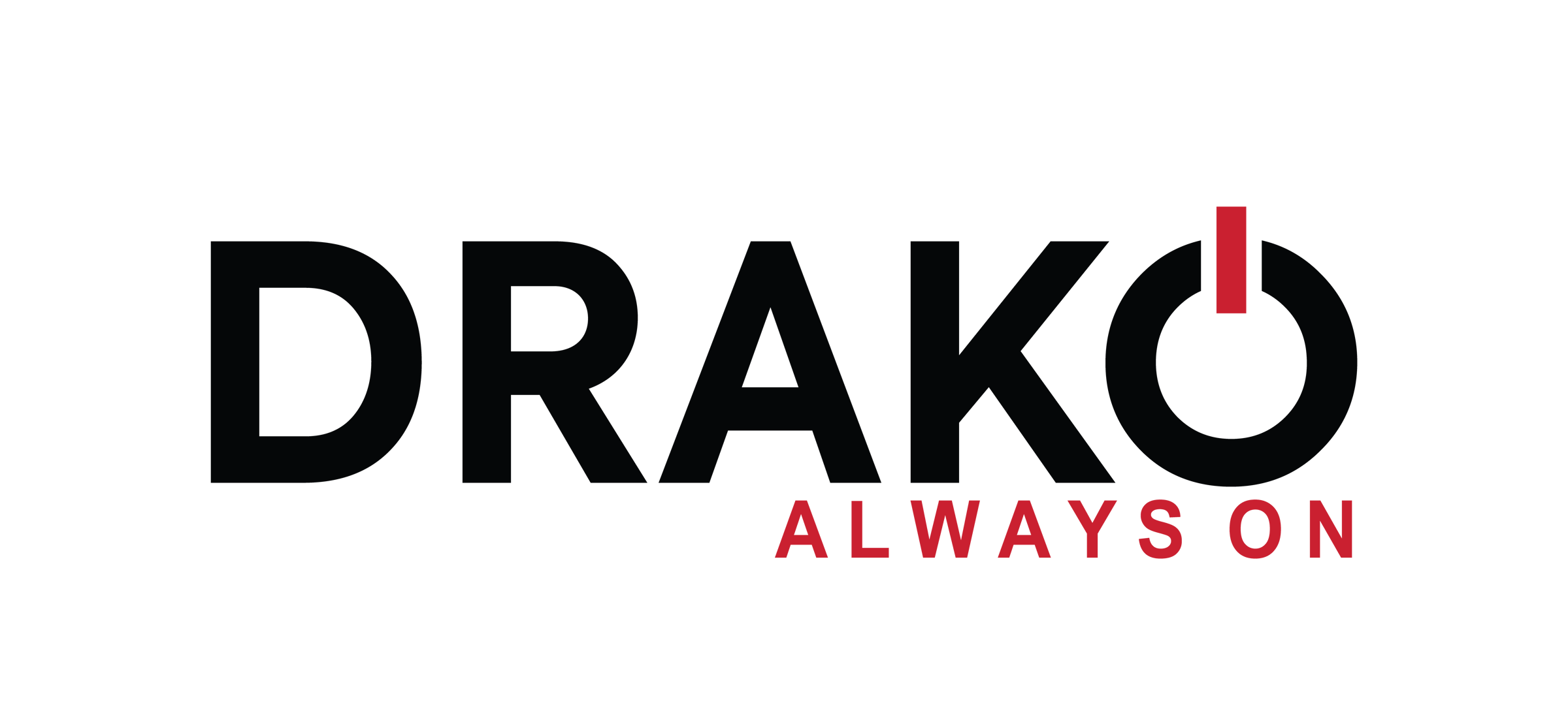 Logo with the word DRAKO in bold black letters and a red vertical line inside the letter O.