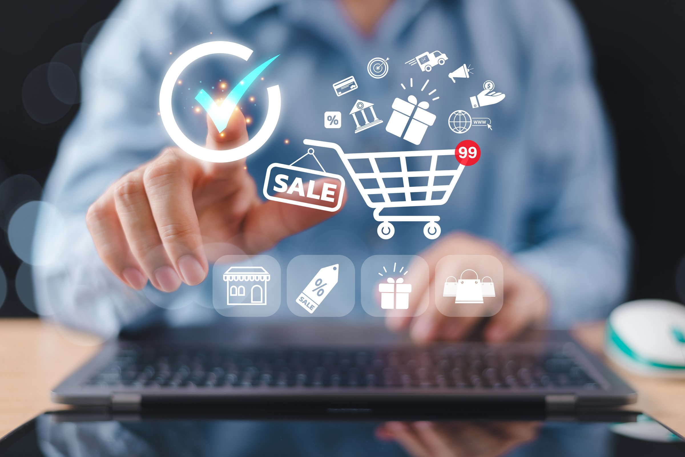 Online digital marketing concept. Investment E-commerce sale concept. Business man use mobile phone, market channel solution. Promotion discount service plan, search engine, social media, website SEO