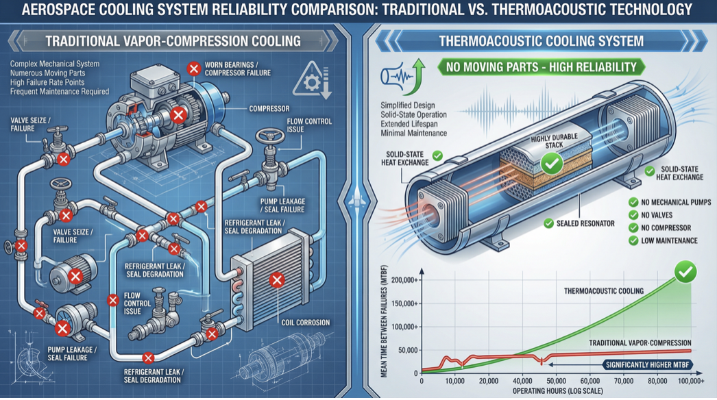Thermoacoustic resonator system diagram showing acoustic wave cooling process