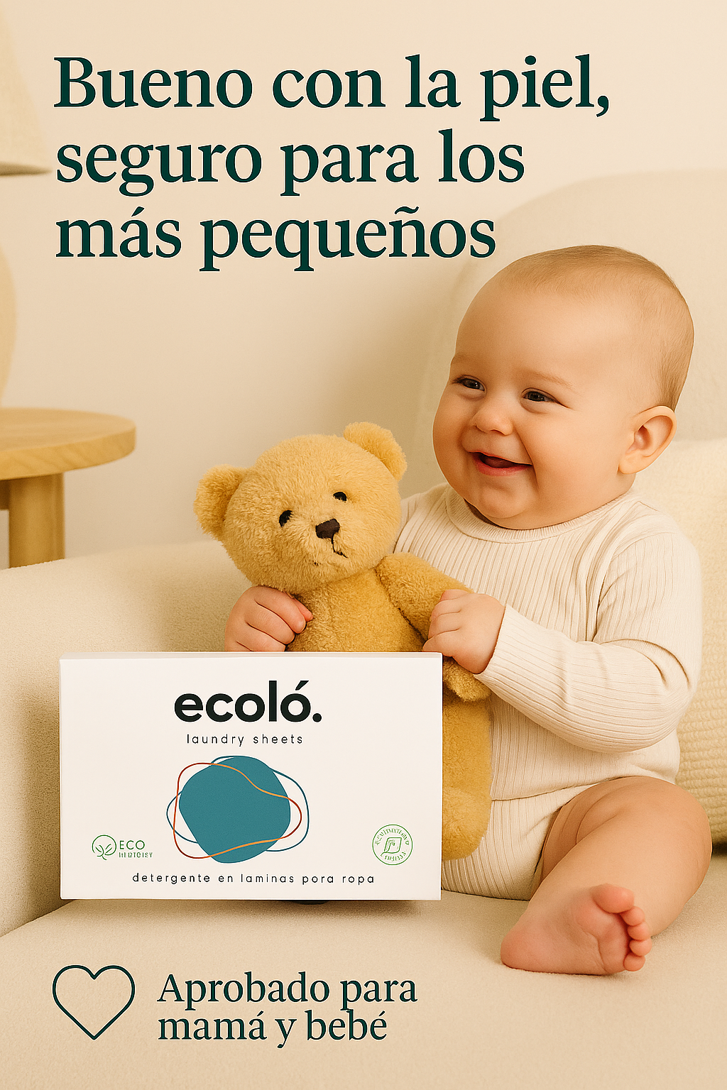 Baby holding a teddy bear with Eco-friendly laundry sheets box, text promotes safety for babies and approval for moms.