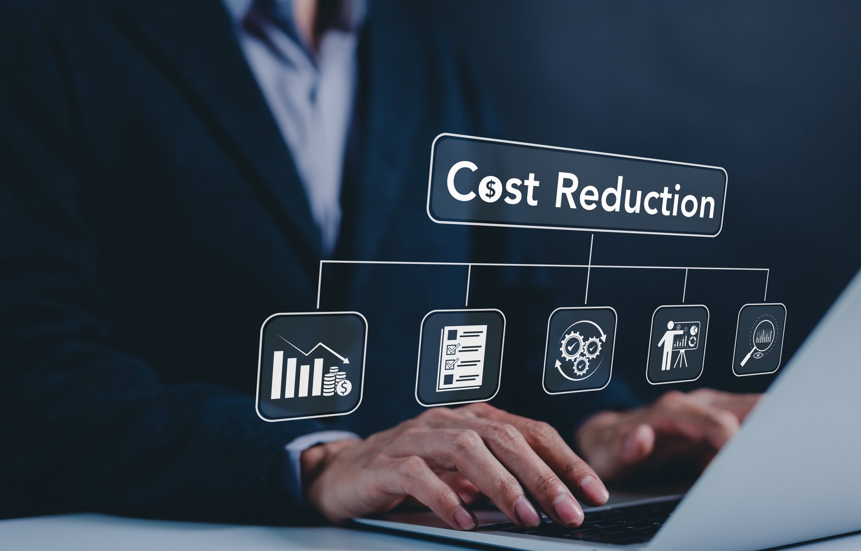 Cost reduction concept. Cost wording on decreasing coins stacking with the down arrow. Businessman working on company cost saving. Cost Management, Economy recession, low budget, Effective business,