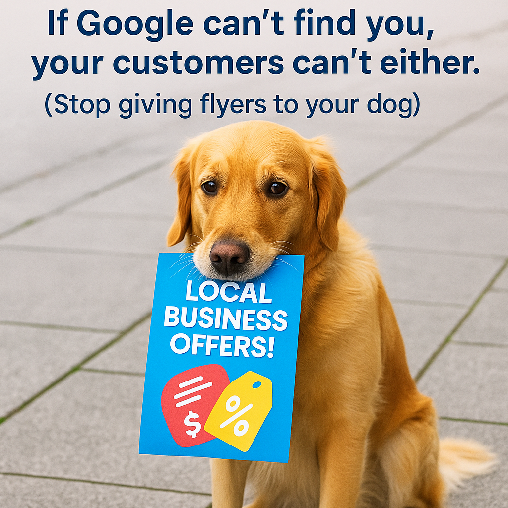 Happy Labrador dog with SEO review flyer showing 5-star rating - Local SEO marketing concept