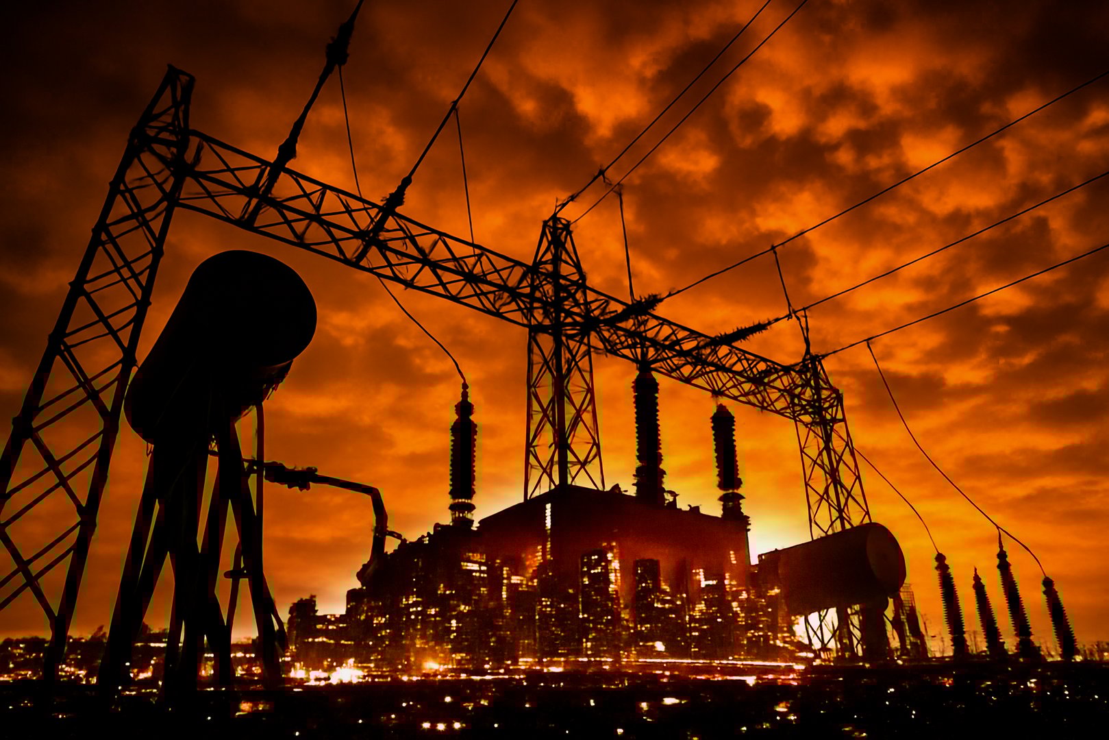 This overlapping image of a power station and city at dusk reflects the energy, prosperity, and connectivity of modern industrial technology.