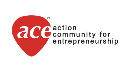 Logo of Action Community for Entrepreneurship with a red guitar pick shape and text ace and full name on the right.