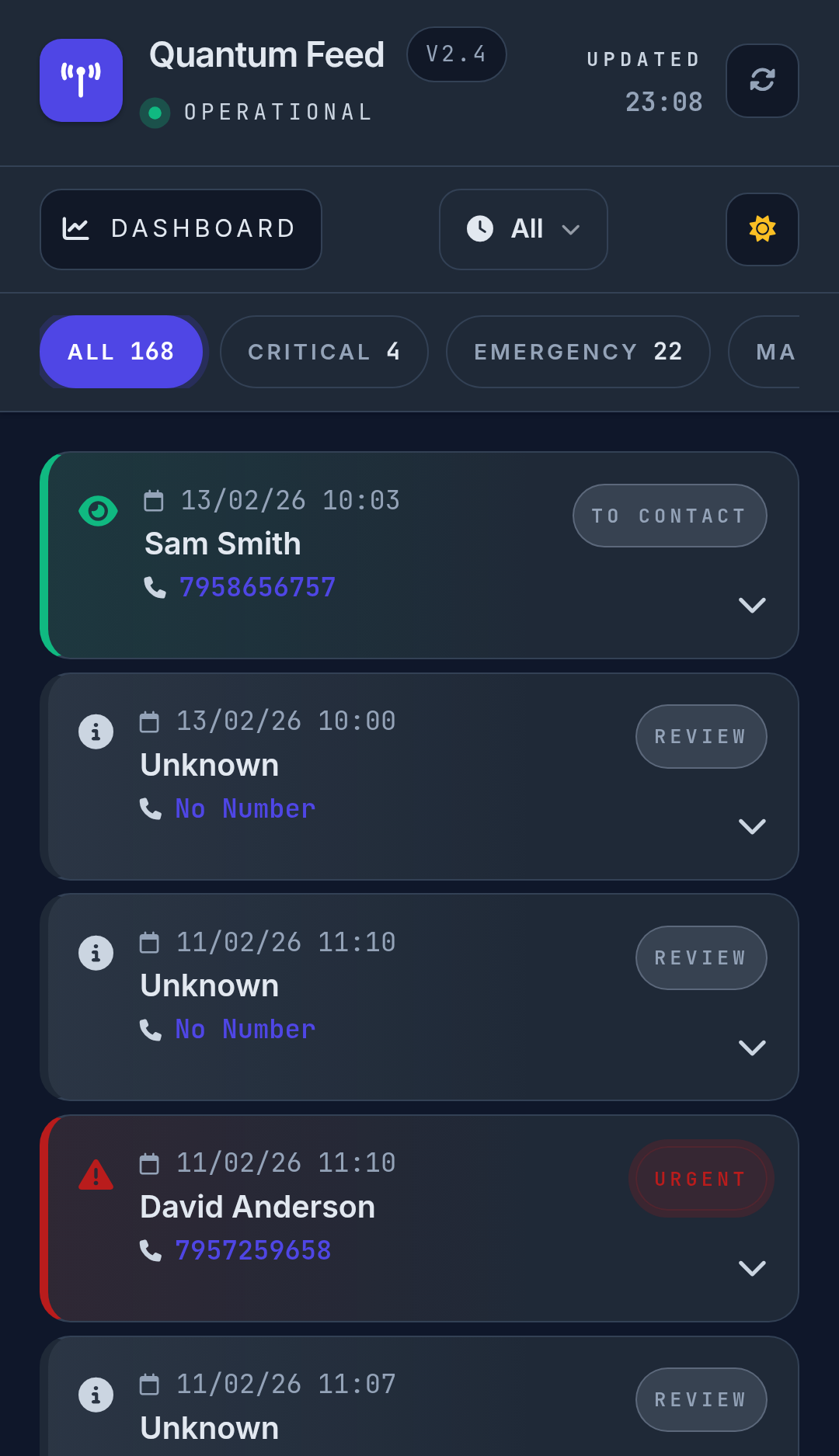 Quantum Feed real-time activity and alerts dashboard