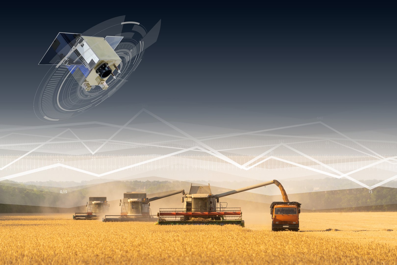 Control of combines harvesters by satellite communication. Smart farming concept.