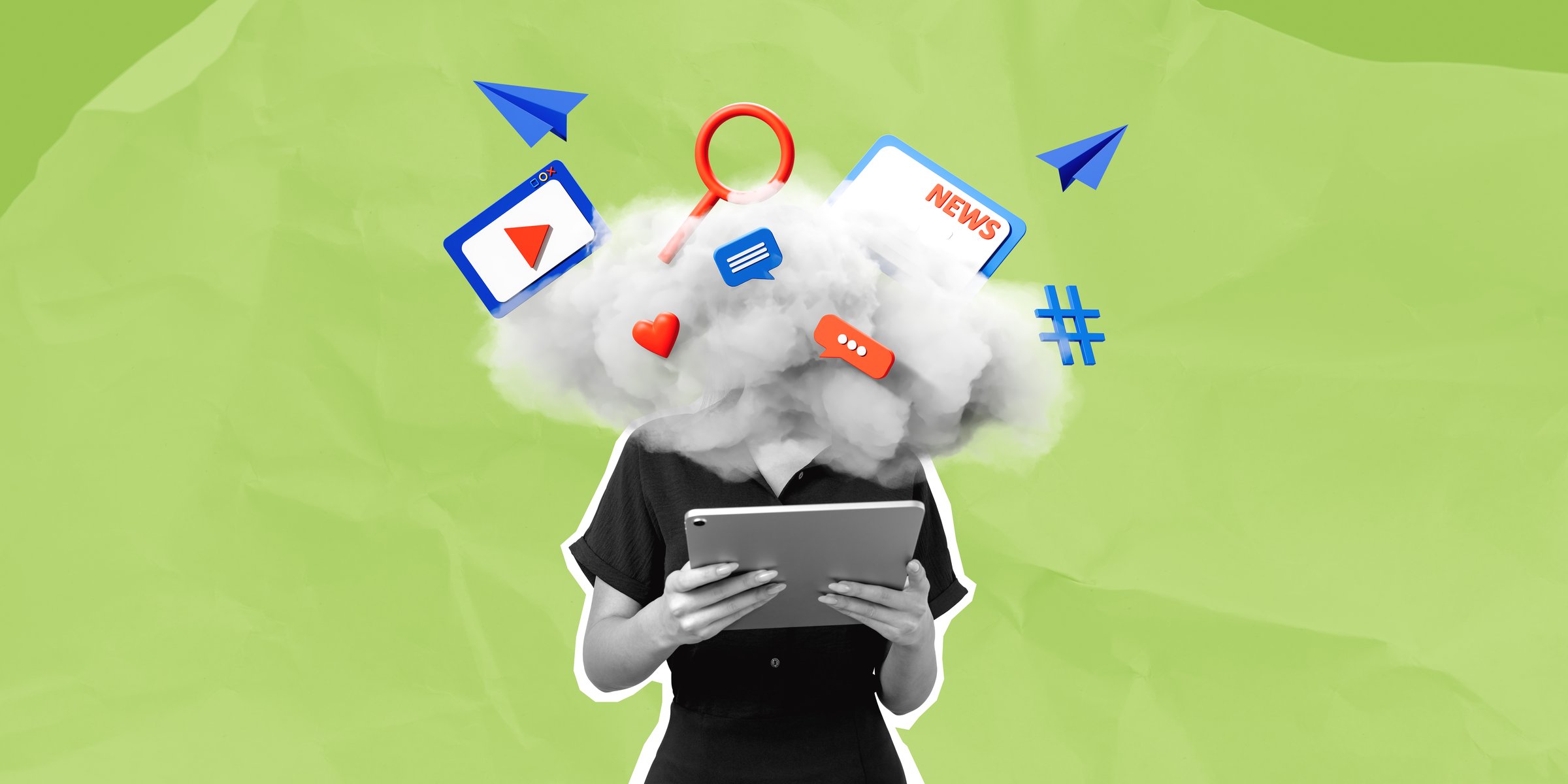 Woman holding tablet with cloud over head, surrounded by digital icons like messages, news, and social media on green background. Concept of information overload