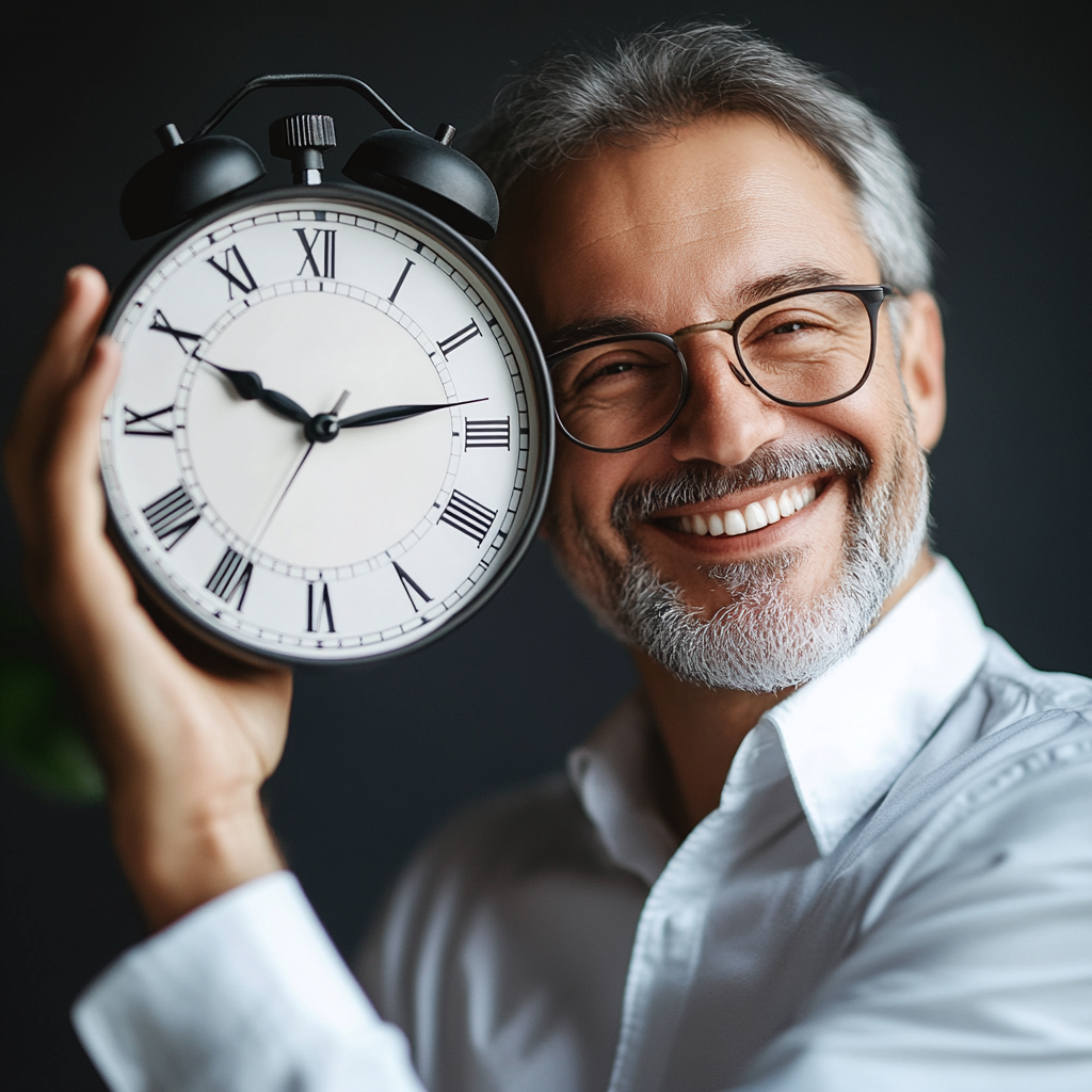 Smiling man holding a large clock with Roman numerals, showing 10:10, against a dark background.